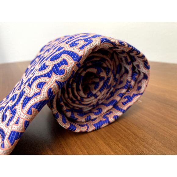 Genesis Luxe necktie Silk Handmade in Italy Ornate Patterns Orange Blue 3.5/58 - Picture 11 of 12
